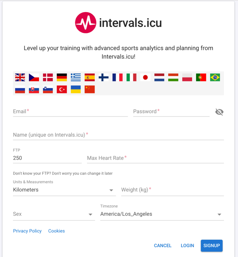The intervals.icu sign-up form