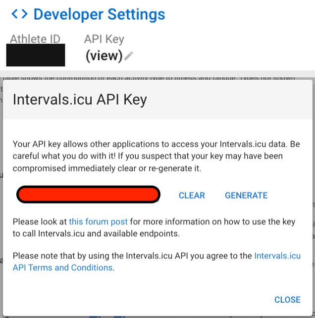 Developer settings with the API key dialog